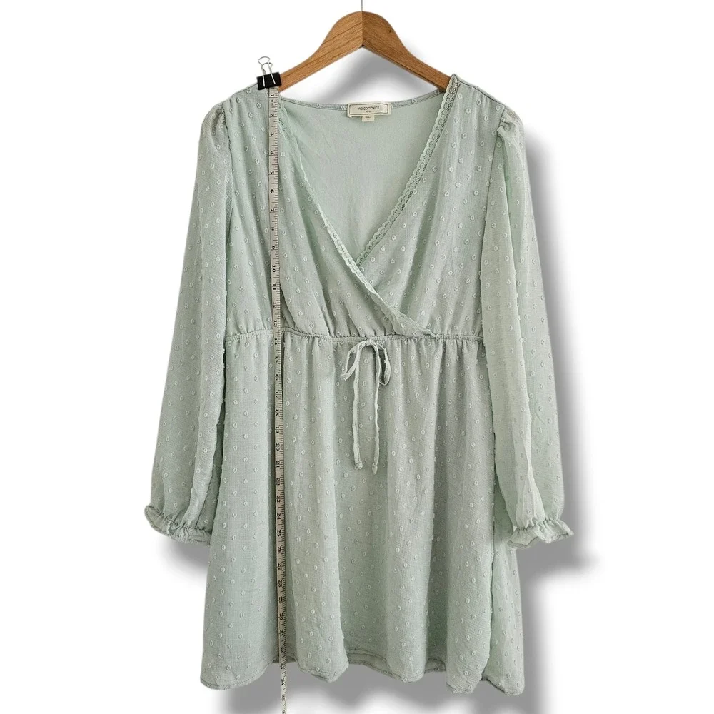 Sage Green Faux Wrap Mini‎ Dress L Swiss Dot Ruffle Fairy Softgirl Cottage NEW